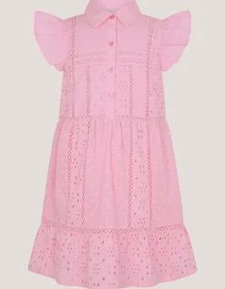Flutter Sleeve Broderie Tiered Dress Pink