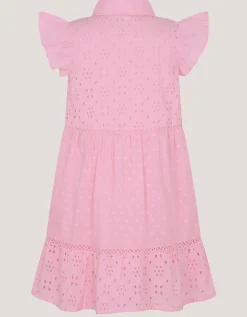 Flutter Sleeve Broderie Tiered Dress Pink