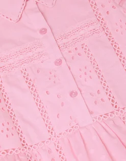 Flutter Sleeve Broderie Tiered Dress Pink