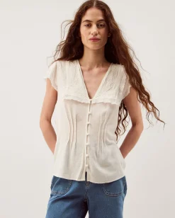 Frannie Square Collar Linen Blend Top Ivory