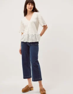 Freya V-Neck Floral Broderie Top Ivory