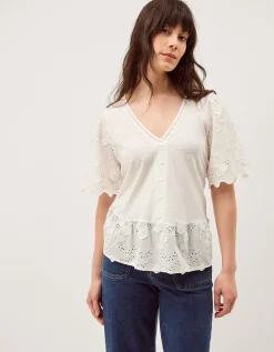 Freya V-Neck Floral Broderie Top Ivory