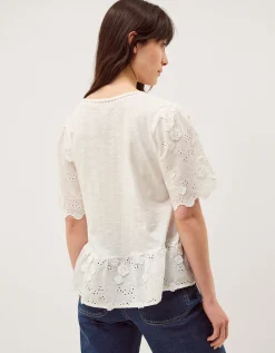 Freya V-Neck Floral Broderie Top Ivory