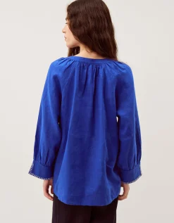 Frida V-Neck Linen Blouse Blue