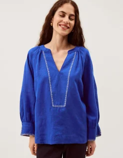 Frida V-Neck Linen Blouse Blue