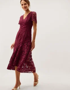 Gia Cutwork Lace Midi Dress Red