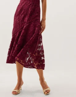 Gia Cutwork Lace Midi Dress Red