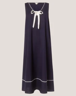 Gigi Bow Linen Blend Midi Dress Blue