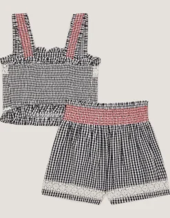 Gingham Shirred Tank & Shorts Set Black