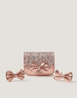 Glitter Bow Bag & Hair Clips Set