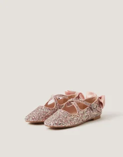 Glitter Bow Mary Jane Ballet Flats Pink
