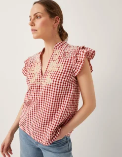 Greta Embroidered Gingham Top Red