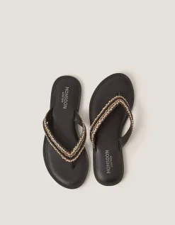 Harper Beaded Leather Flip Flops Black