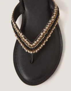Harper Beaded Leather Flip Flops Black