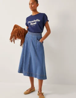 Harper Seamed Denim Midi Skirt Blue