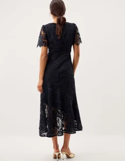 Harper Square Neck Lace Midi Dress Blue