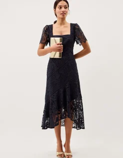 Harper Square Neck Lace Midi Dress Blue