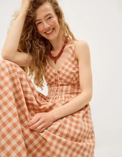 Hattie Sleeveless Gingham Midi Dress Orange