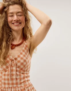 Hattie Sleeveless Gingham Midi Dress Orange