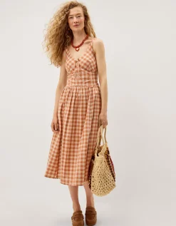 Hattie Sleeveless Gingham Midi Dress Orange