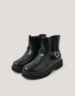 Heart Buckle Glitter Patent Boots Black