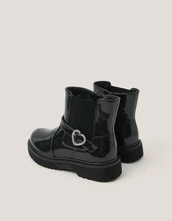 Heart Buckle Glitter Patent Boots Black