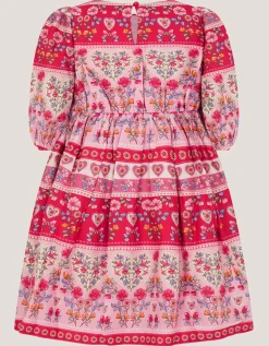 Heart Embroidered Floral Print Dress Pink