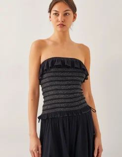 Heidi Smocked Ruffle Bandeau Top Black
