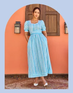 India & Mills Katie Stripe Midi Dress Blue