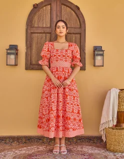 India & Mills Katie Tropic Midi Dress Red