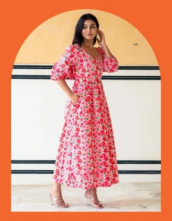 India & Mills Lottie Poppy Print Midi Dress Pink