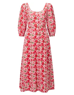 India & Mills Lottie Poppy Print Midi Dress Pink