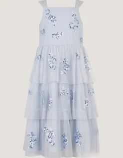 Ingrid Floral Sequin Tiered Party Dress Blue