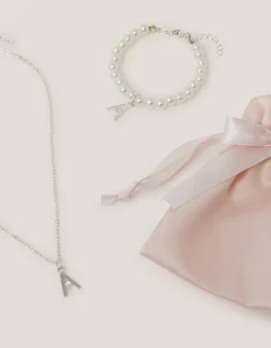 Initial Necklace & Bracelet Pouch Set Multi