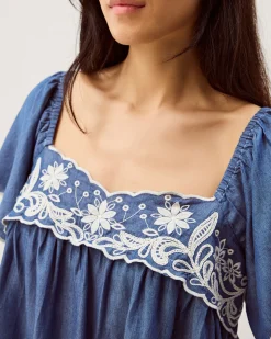 Isla Short Sleeve Embroidered Denim Top Blue