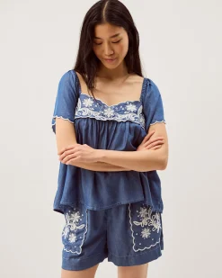 Isla Short Sleeve Embroidered Denim Top Blue