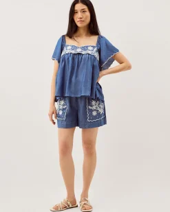 Isla Short Sleeve Embroidered Denim Top Blue