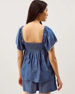 Isla Short Sleeve Embroidered Denim Top Blue