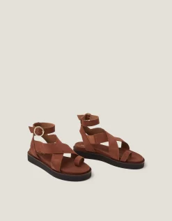 Ivy Toe Strap Crossover Suede Sandals Tan