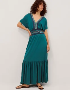 Jacqui Embroidered Jersey Midi Dress Teal