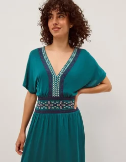 Jacqui Embroidered Jersey Midi Dress Teal