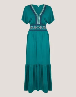 Jacqui Embroidered Jersey Midi Dress Teal