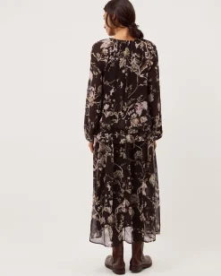 Jada Floral Print Ruffle Midi Dress Brown