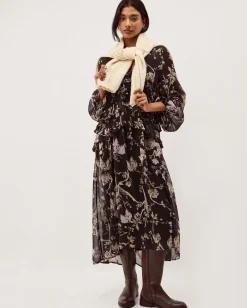 Jada Floral Print Ruffle Midi Dress Brown