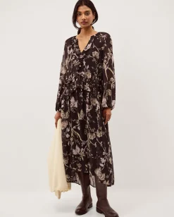 Jada Floral Print Ruffle Midi Dress Brown