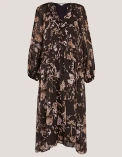 Jada Floral Print Ruffle Midi Dress Brown