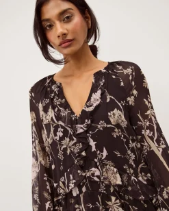 Jada Floral Print Ruffle Midi Dress Brown
