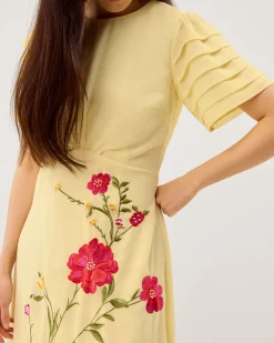 Jocelyn Floral Embroidered Midi Dress Yellow