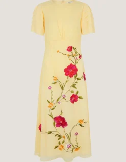Jocelyn Floral Embroidered Midi Dress Yellow