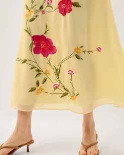 Jocelyn Floral Embroidered Midi Dress Yellow